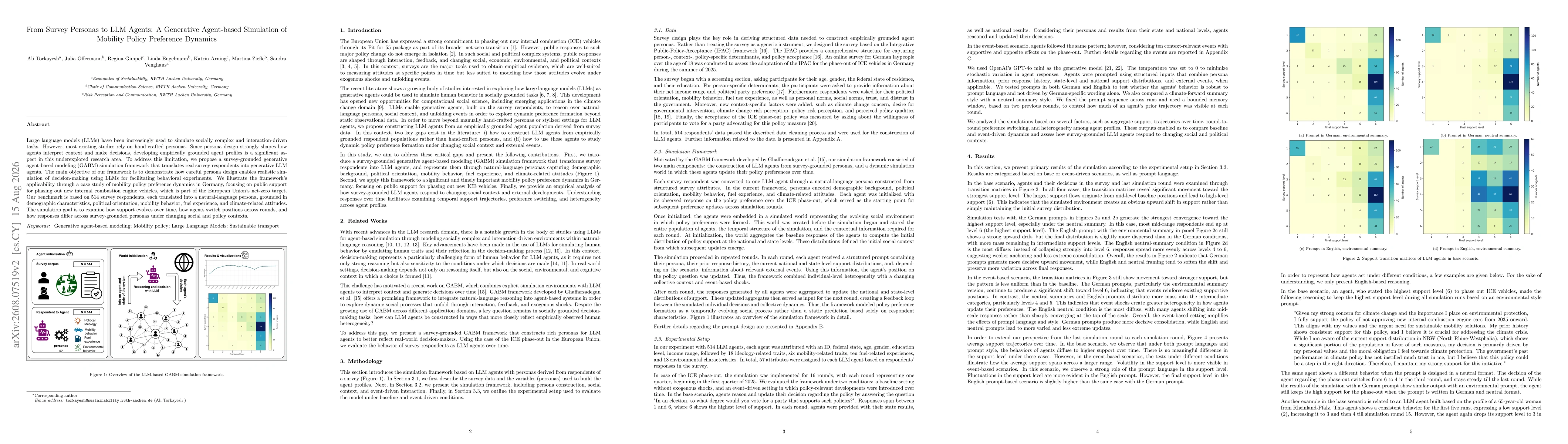 Thumbnail for From Survey Personas to LLM Agents: A Generative Agent-based Simulation of Mobility Policy Preference Dynamics