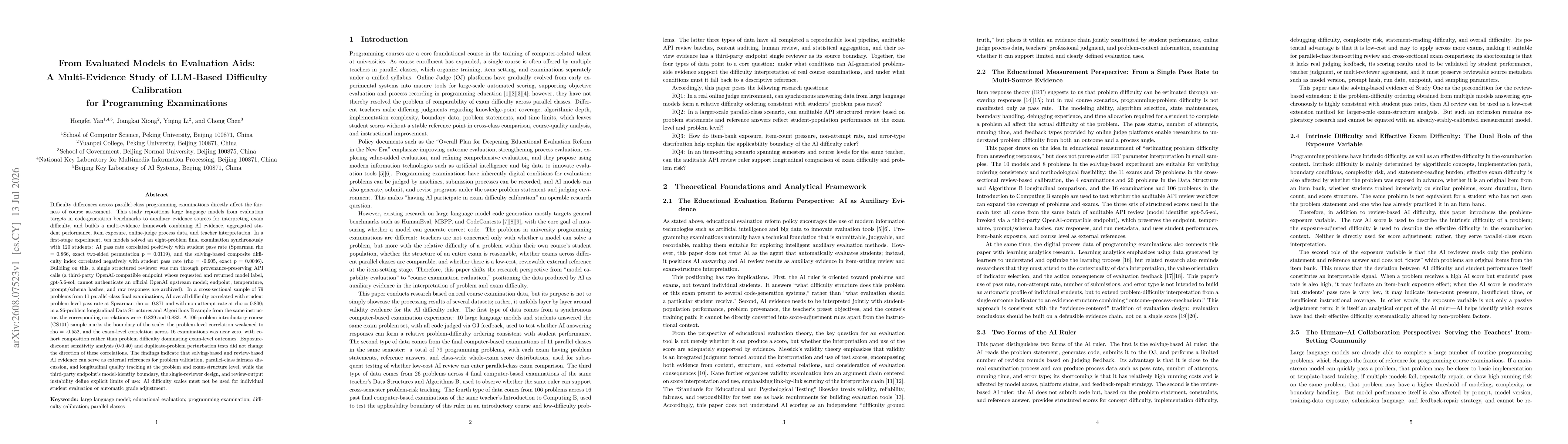 Thumbnail for From Evaluated Models to Evaluation Aids: A Multi-Evidence Study of LLM-Based Difficulty Calibration for Programming Examinations