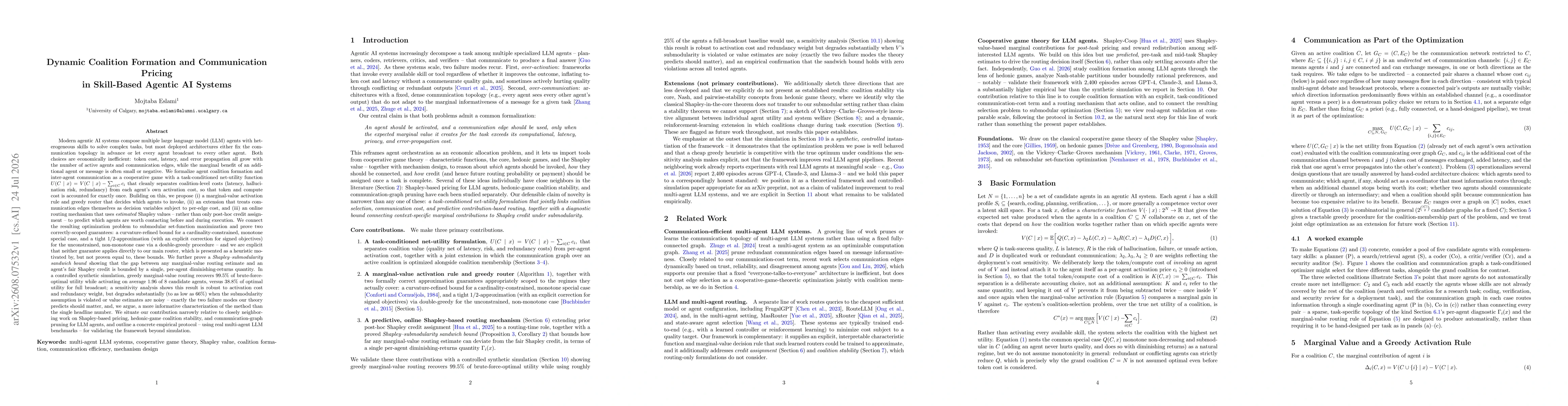 Thumbnail for Dynamic Coalition Formation and Communication Pricing in Skill-Based Agentic AI Systems