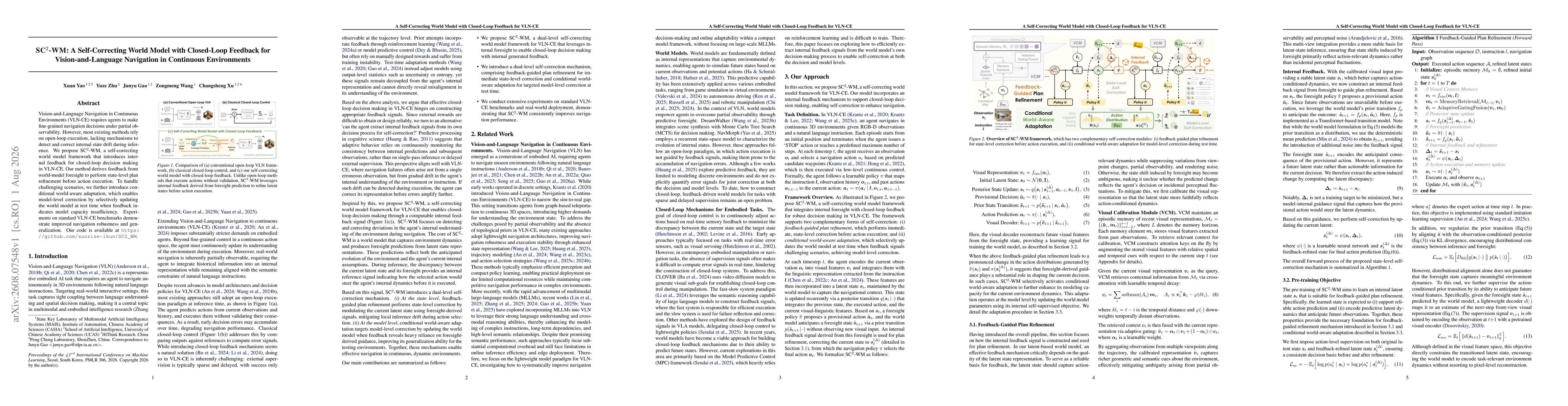 Thumbnail for SC$^{2}$-WM: A Self-Correcting World Model with Closed-Loop Feedback for Vision-and-Language Navigation in Continuous Environments
