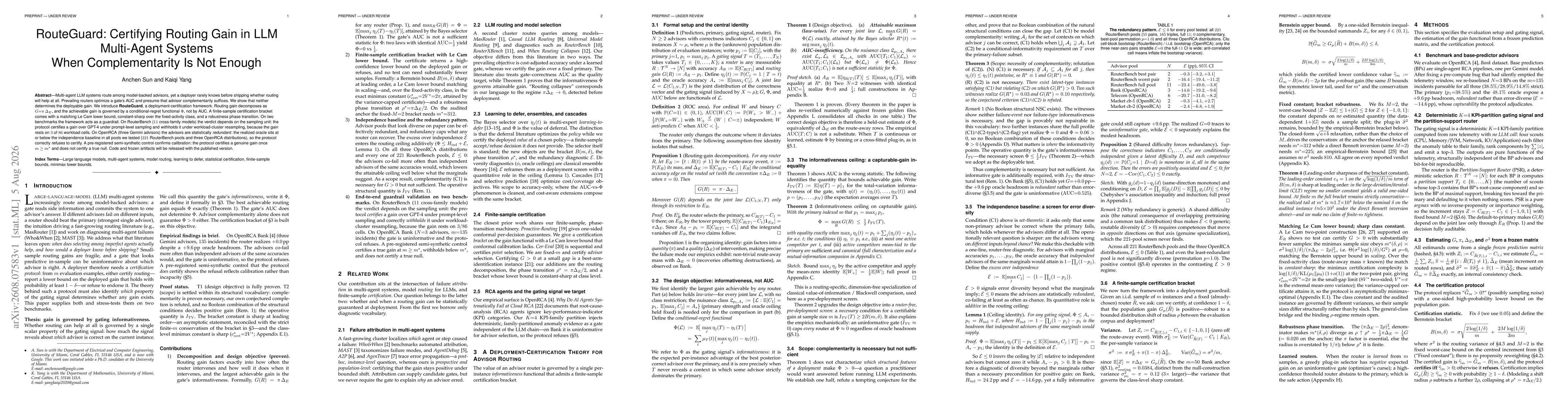 Thumbnail for RouteGuard: Certifying Routing Gain in LLM Multi-Agent Systems When Complementarity Is Not Enough