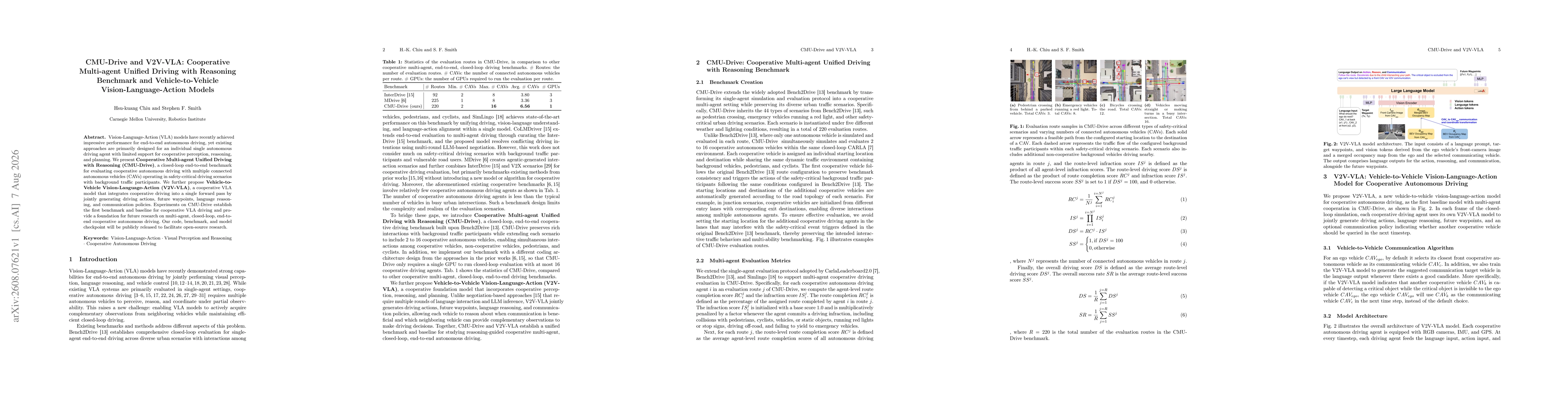 Thumbnail for CMU-Drive and V2V-VLA: Cooperative Multi-agent Unified Driving with Reasoning Benchmark and Vehicle-to-Vehicle Vision-Language-Action Models