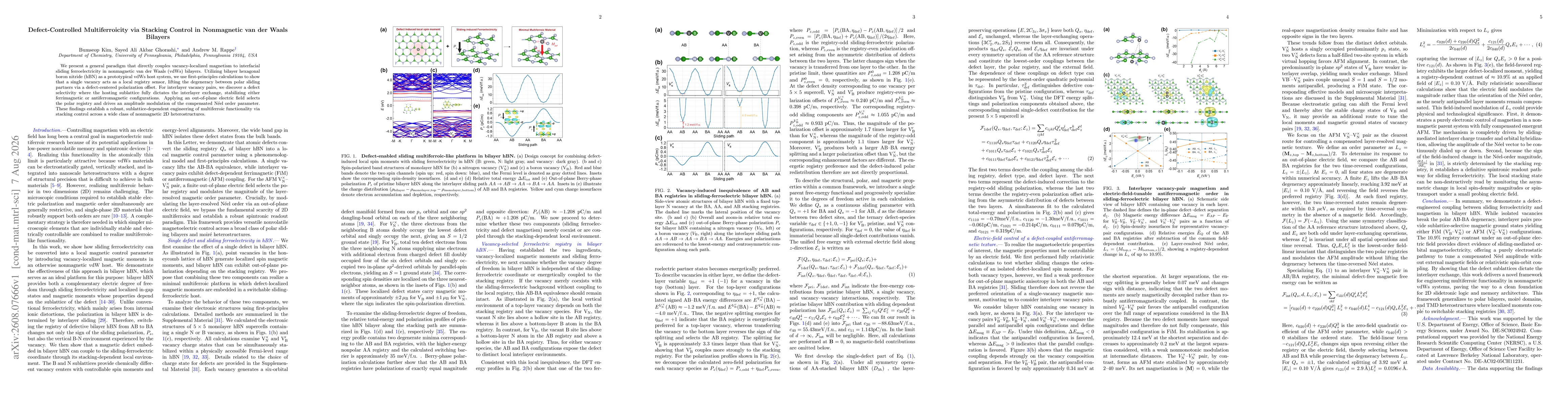 Thumbnail for Defect-Controlled Multiferroicity via Stacking Control in Nonmagnetic van der Waals Bilayers
