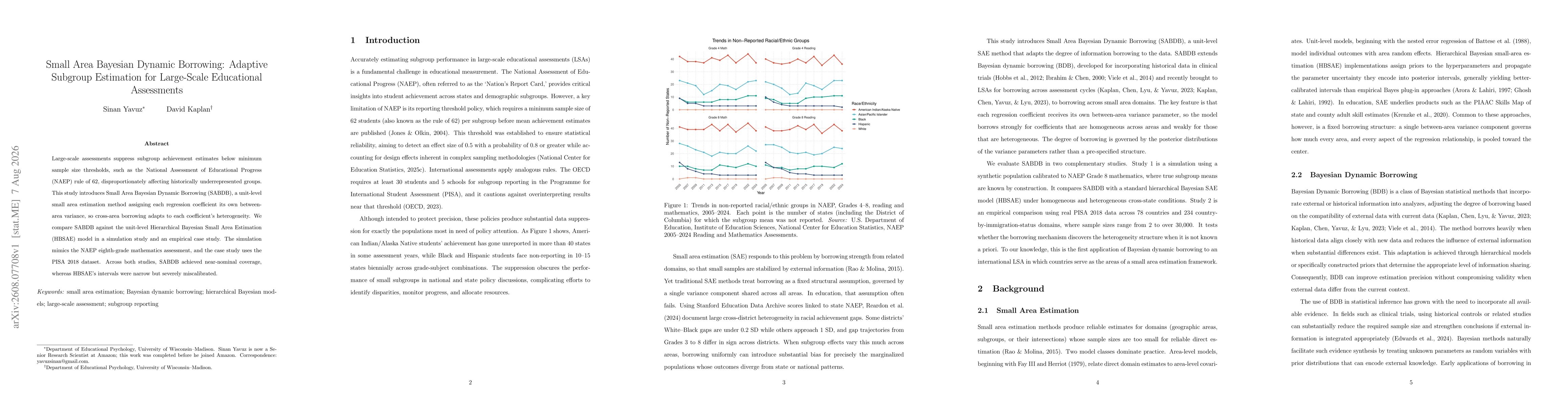 Thumbnail for Small Area Bayesian Dynamic Borrowing: Adaptive Subgroup Estimation for Large-Scale Educational Assessments