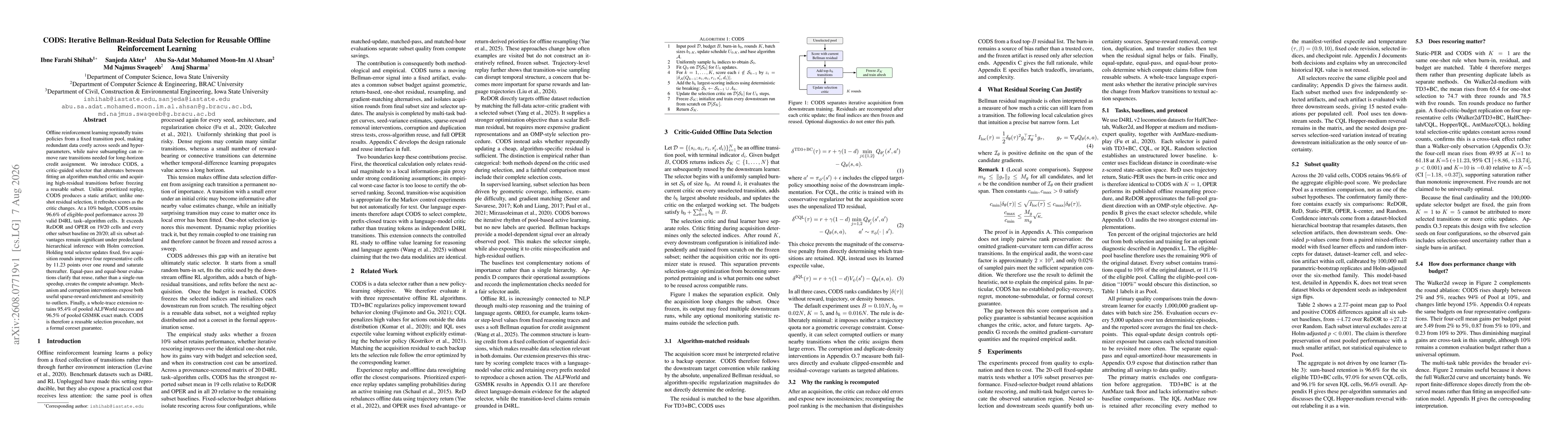 Thumbnail for CODS: Iterative Bellman-Residual Data Selection for Reusable Offline Reinforcement Learning