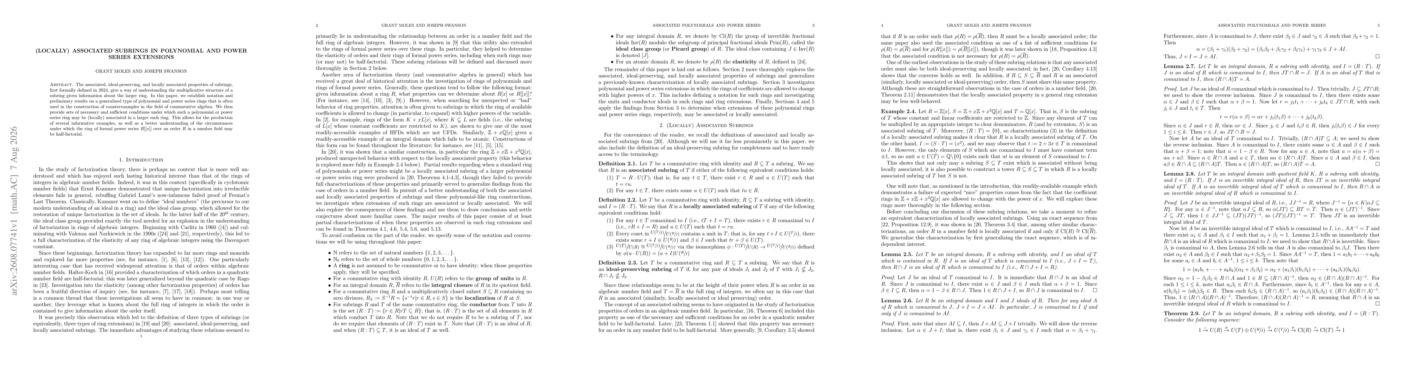 Thumbnail for (Locally) Associated Subrings in Polynomial and Power Series Extensions