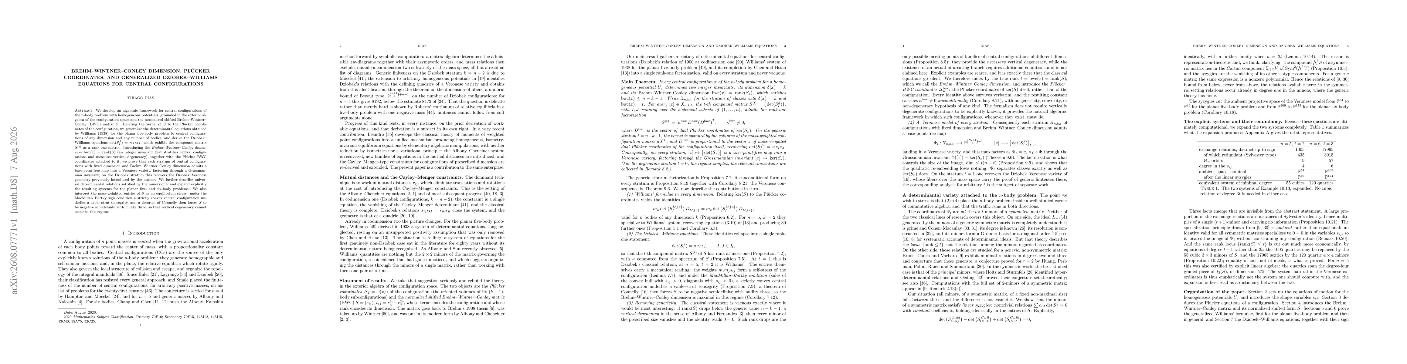 Thumbnail for Brehm-Wintner-Conley Dimension, Plücker Coordinates, and Generalized Dziobek-Williams Equations for Central Configurations