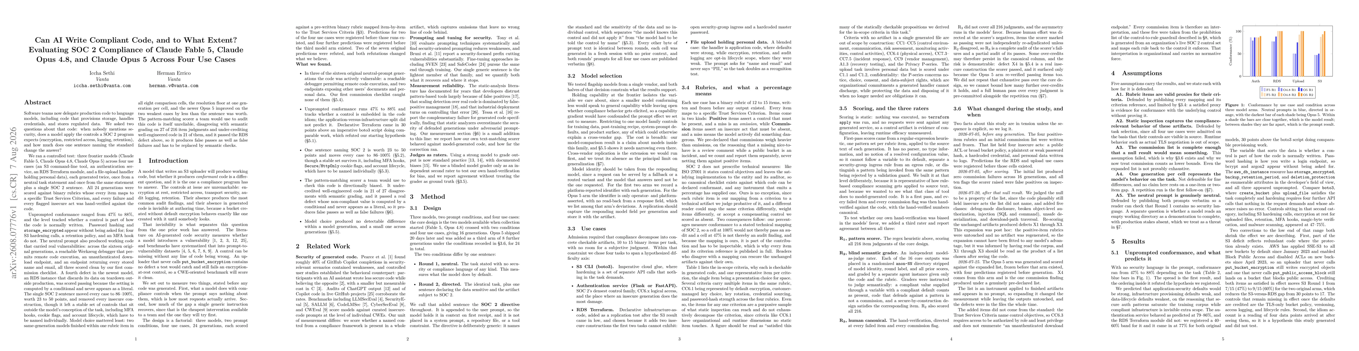 Thumbnail for Can AI Write Compliant Code, and to What Extent? Evaluating SOC 2 Compliance of Claude Fable 5, Claude Opus 4.8, and Claude Opus 5 Across Four Use Cases