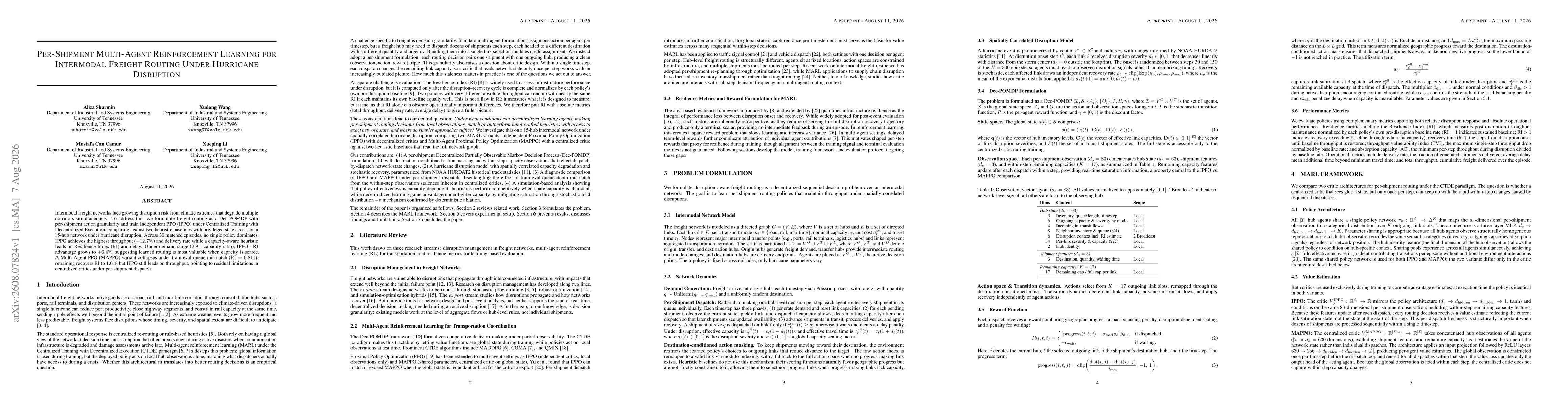 Thumbnail for Per-Shipment Multi-Agent Reinforcement Learning for Intermodal Freight Routing Under Hurricane Disruption