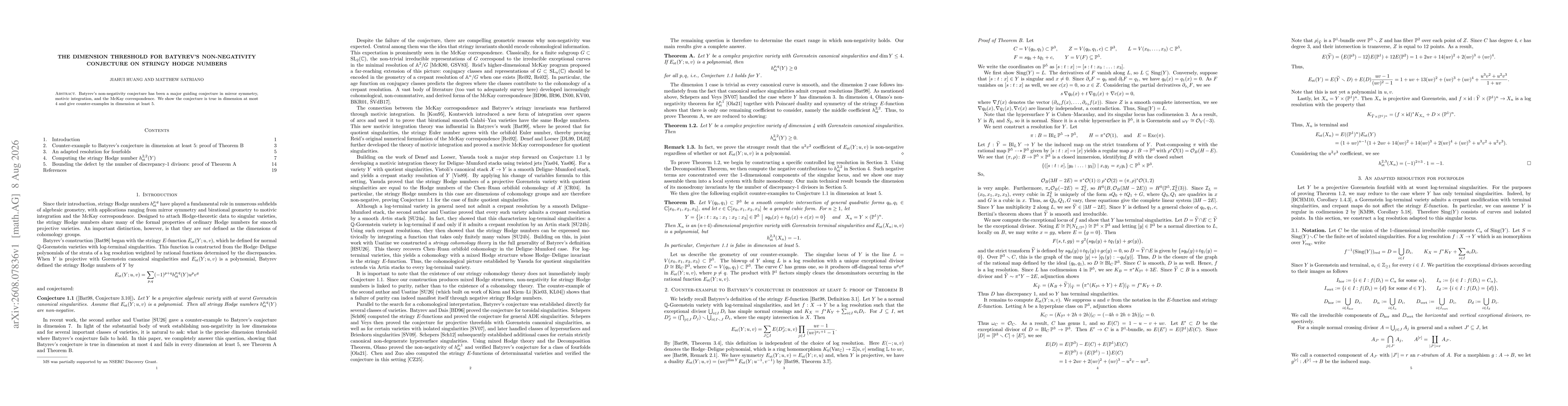 Thumbnail for The dimension threshold for Batyrev's non-negativity conjecture on stringy Hodge numbers