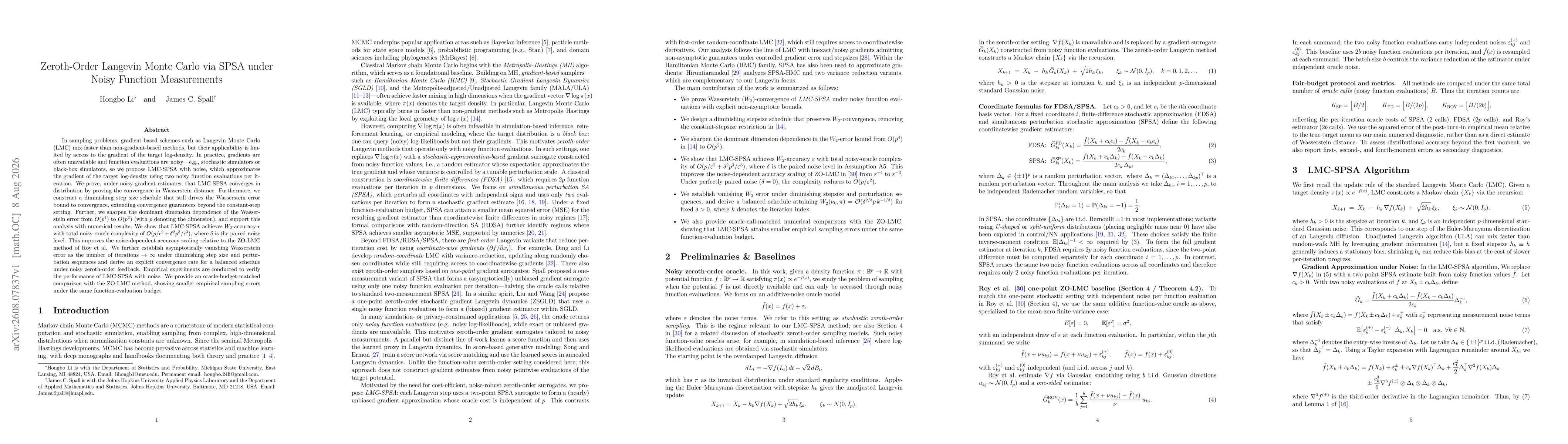 Thumbnail for Zeroth-Order Langevin Monte Carlo via SPSA under Noisy Function Measurements
