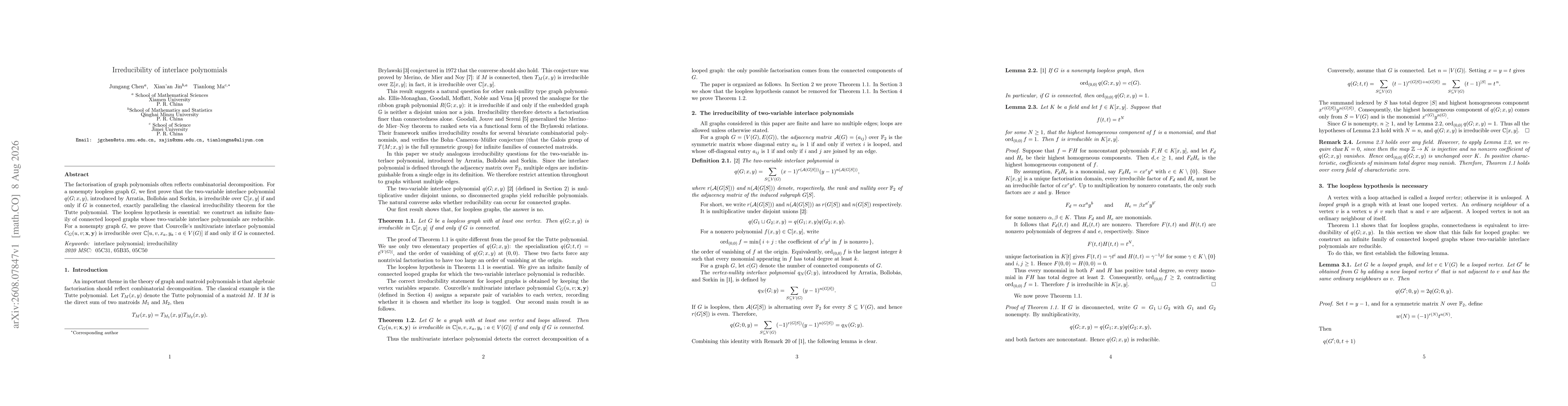 Thumbnail for Irreducibility of interlace polynomials