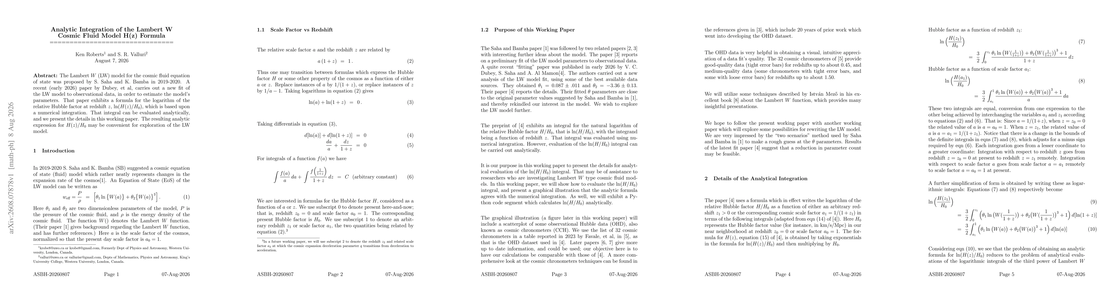 Thumbnail for Analytic Integration of the Lambert W Cosmic Fluid Model H(z) Formula