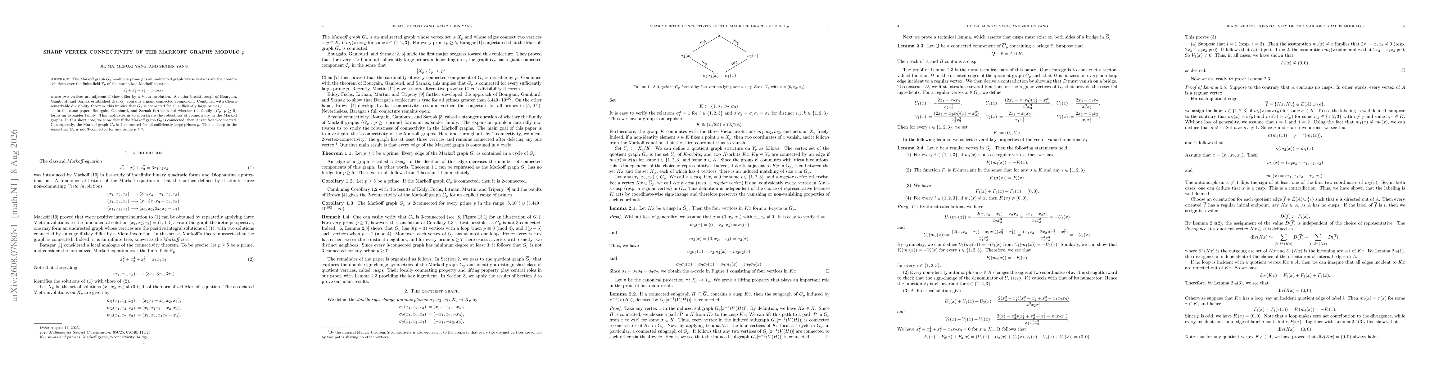 Thumbnail for Sharp vertex connectivity of the Markoff graphs modulo $p$