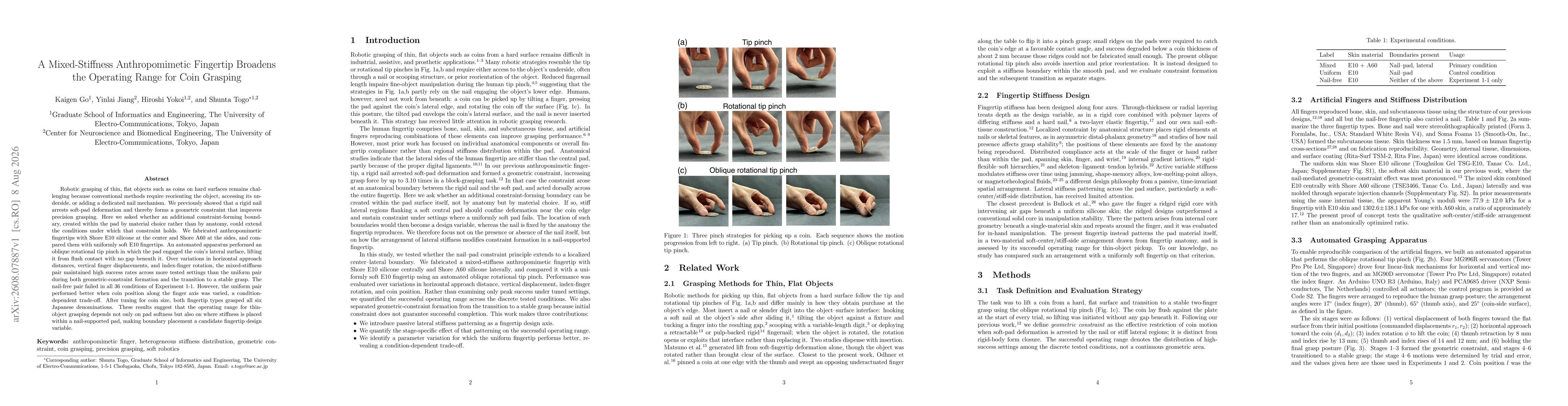 Thumbnail for A Mixed-Stiffness Anthropomimetic Fingertip Broadens the Operating Range for Coin Grasping