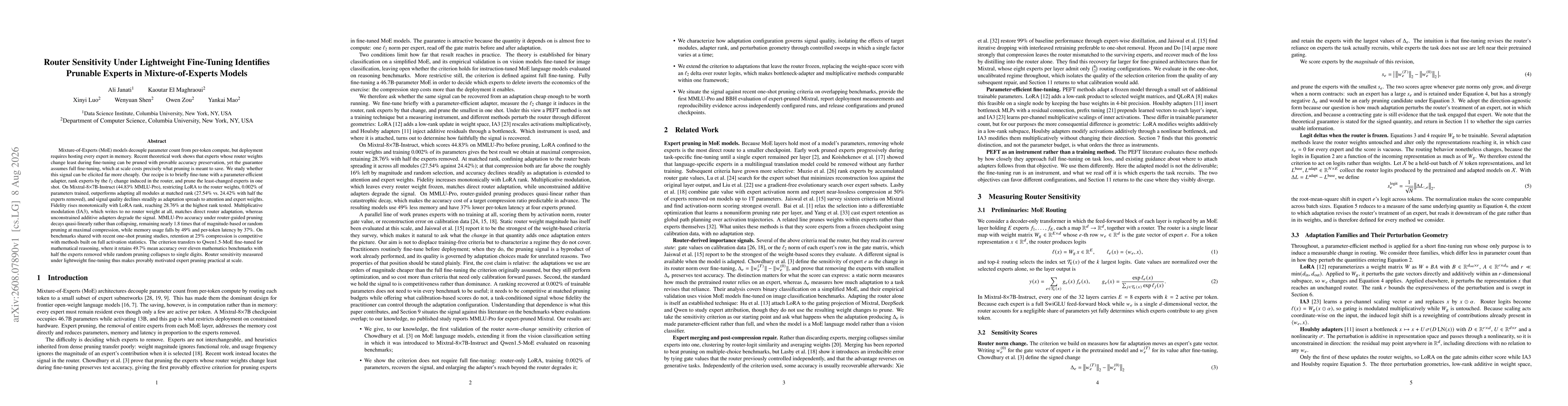 Thumbnail for Router Sensitivity Under Lightweight Fine-Tuning Identifies Prunable Experts in Mixture-of-Experts Models