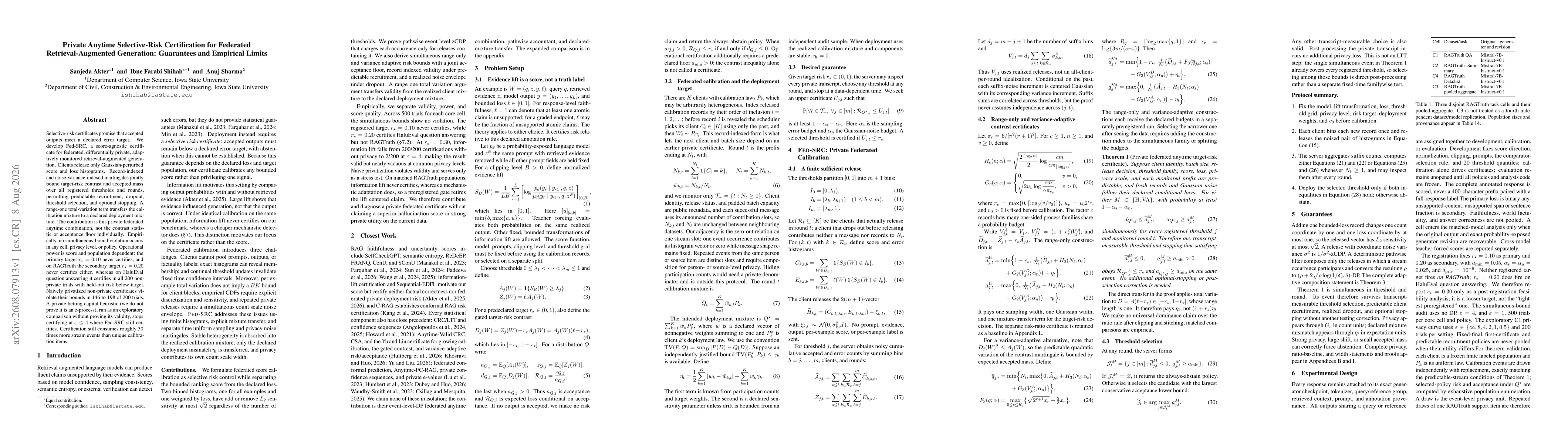 Thumbnail for Private Anytime Selective-Risk Certification for Federated Retrieval-Augmented Generation: Guarantees and Empirical Limits