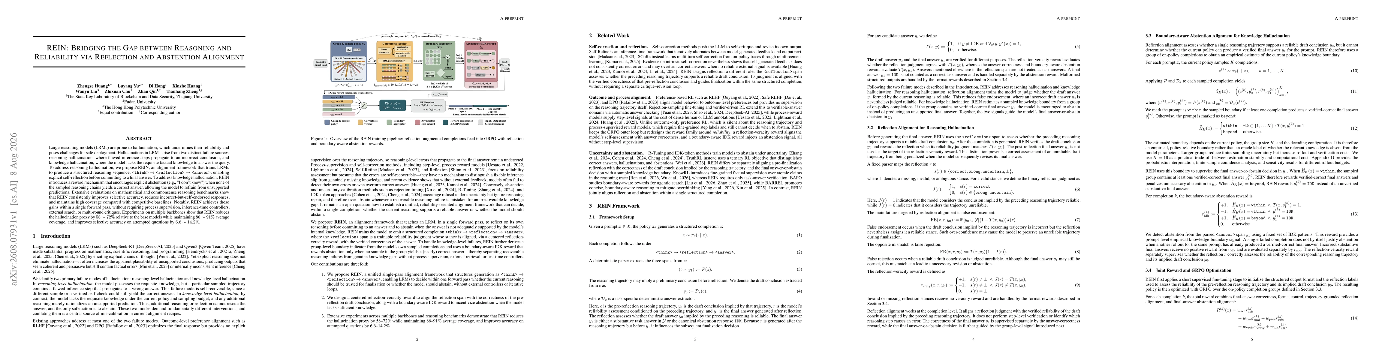Thumbnail for REIN: Bridging the Gap between Reasoning and Reliability via Reflection and Abstention Alignment