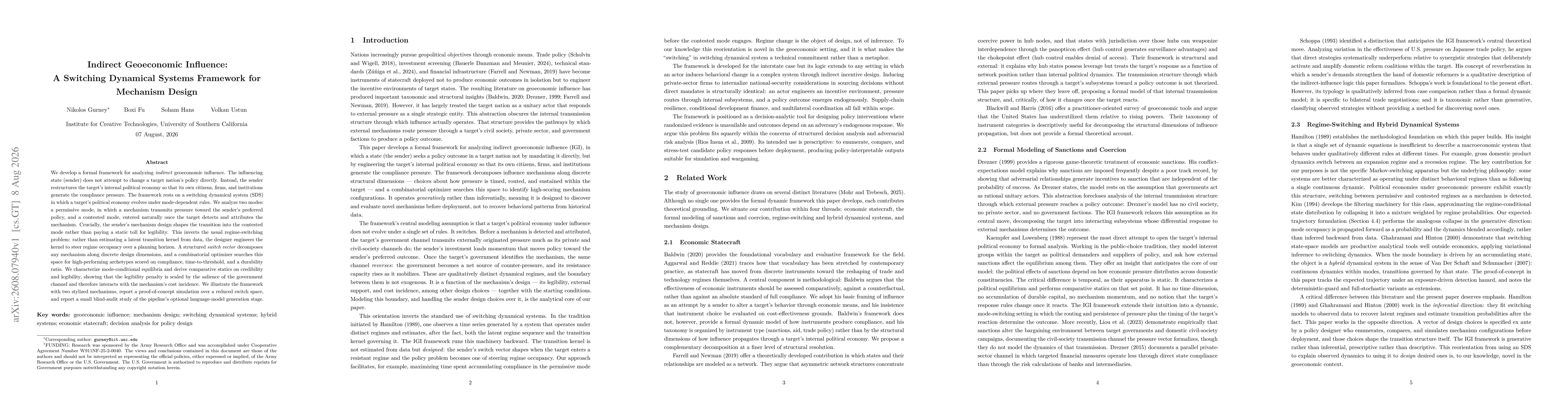 Thumbnail for Indirect Geoeconomic Influence: A Switching Dynamical Systems Framework for Mechanism Design