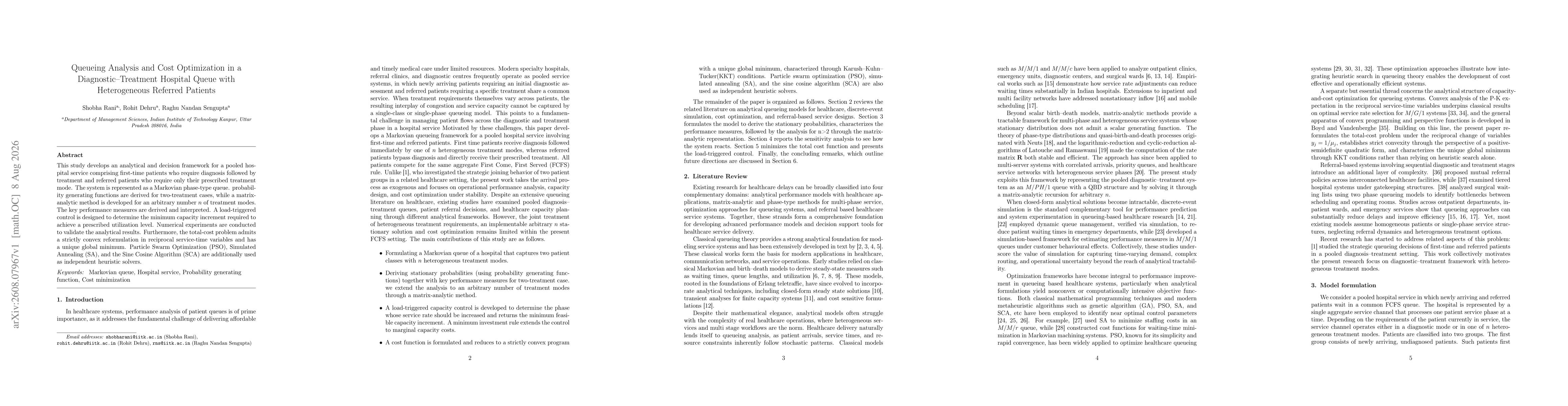 Thumbnail for Queueing Analysis and Cost Optimization in a Diagnostic--Treatment Hospital Queue with Heterogeneous Referred Patients