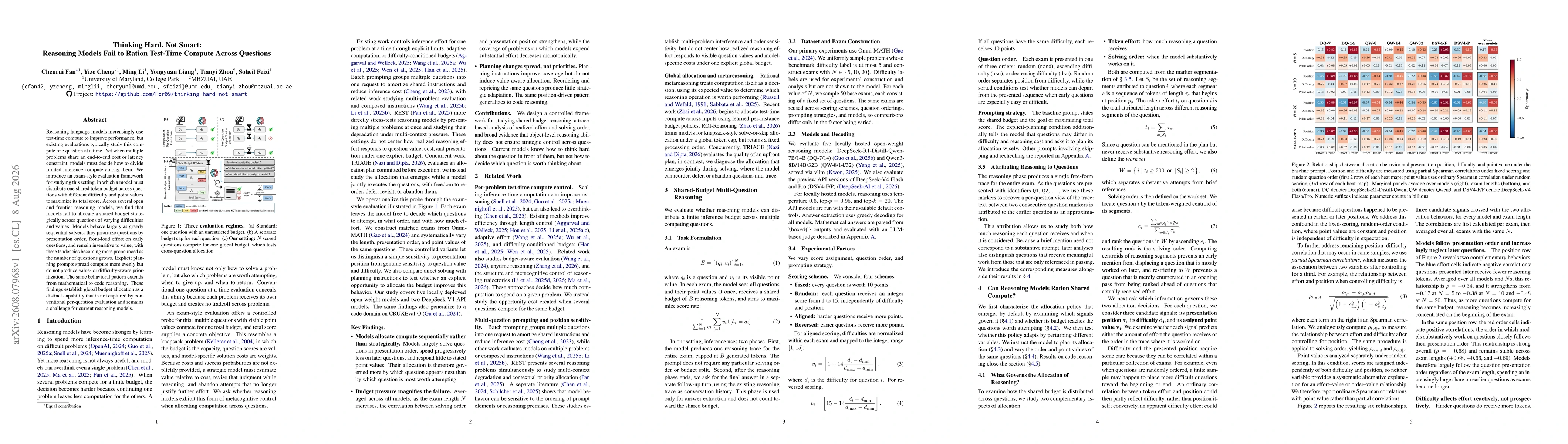 Thumbnail for Thinking Hard, Not Smart: Reasoning Models Fail to Ration Test-Time Compute Across Questions