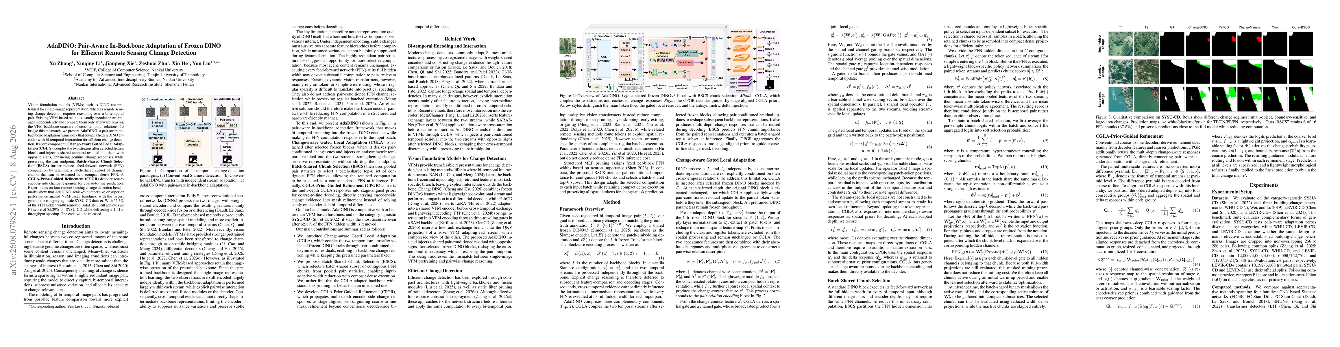 Thumbnail for AdaDINO: Pair-Aware In-Backbone Adaptation of Frozen DINO for Efficient Remote Sensing Change Detection