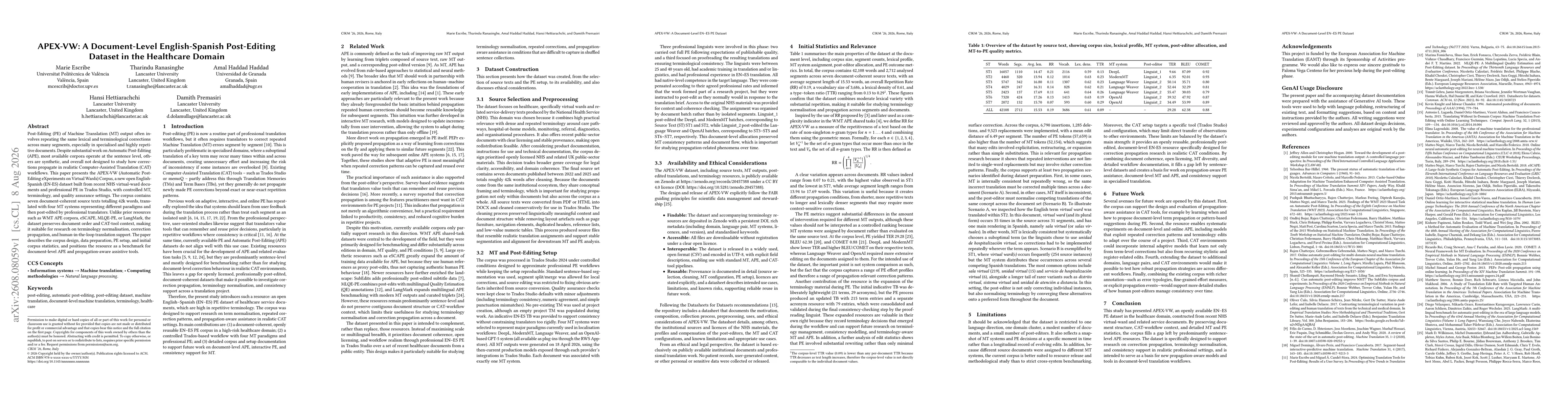 Thumbnail for APEX-VW: A Document-Level English-Spanish Post-Editing Dataset in the Healthcare Domain