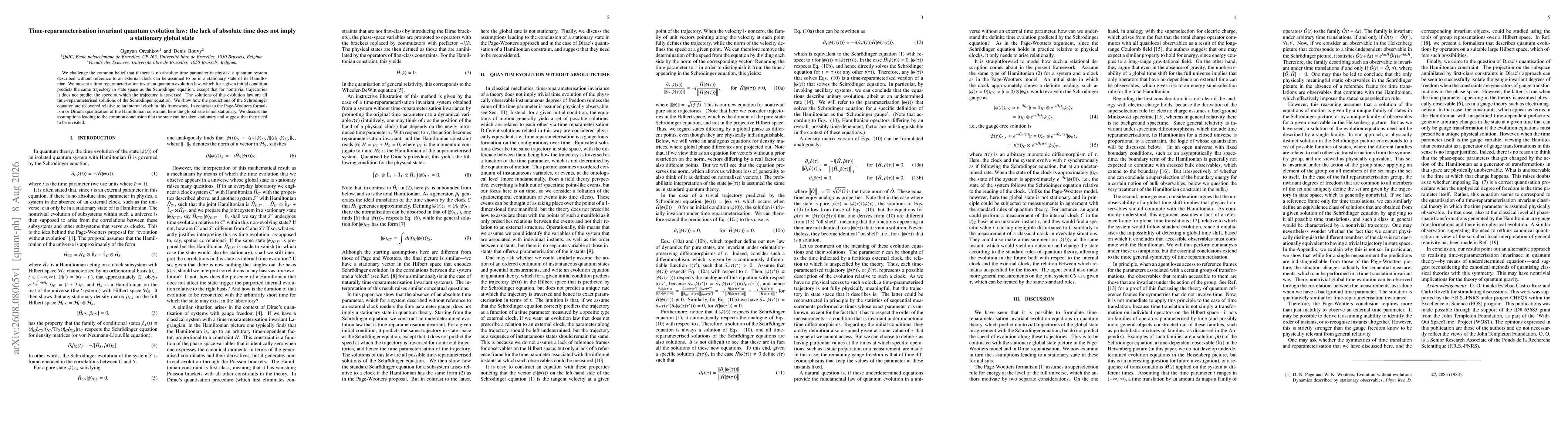 Thumbnail for Time-reparameterisation invariant quantum evolution law: the lack of absolute time does not imply a stationary global state