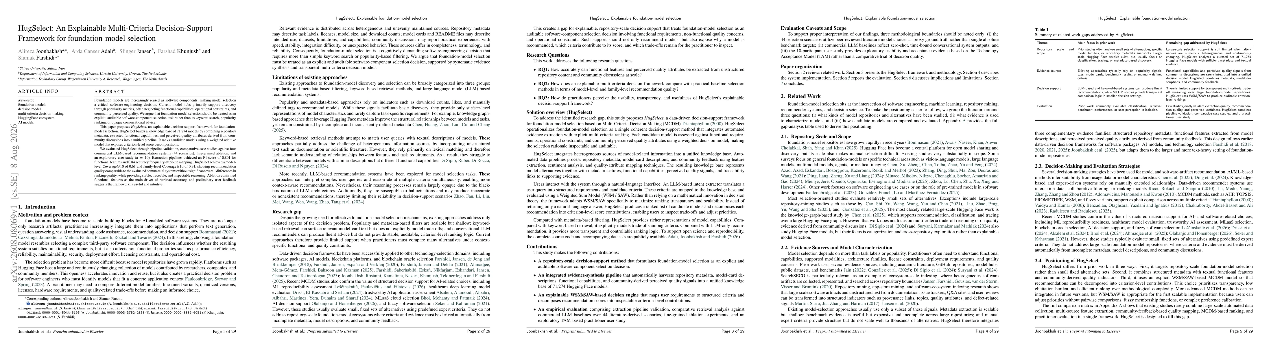 Thumbnail for HugSelect: An Explainable Multi-Criteria Decision-Support Framework for foundation-model selection