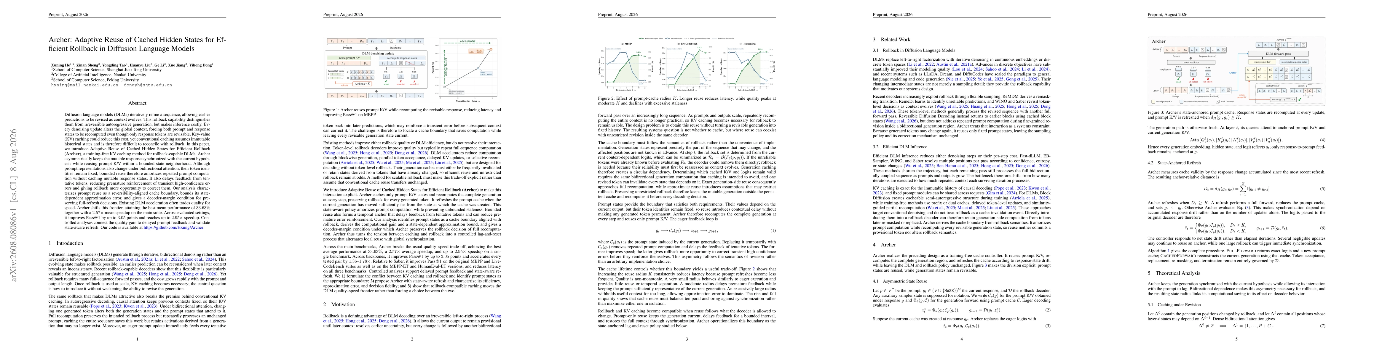 Thumbnail for Archer: Adaptive Reuse of Cached Hidden States for Efficient Rollback in Diffusion Language Models