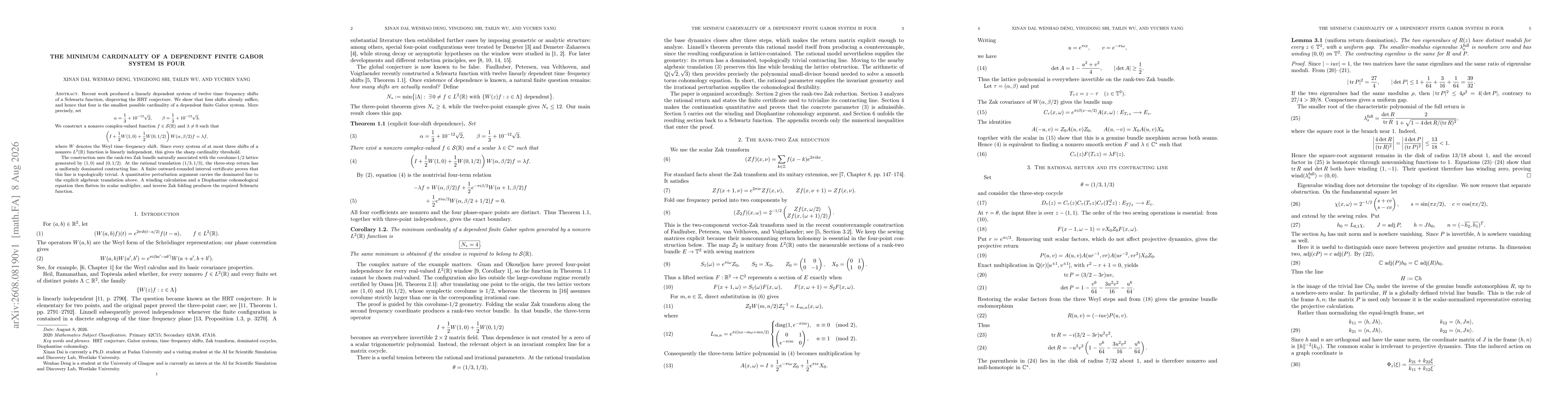 Thumbnail for The Minimum Cardinality of a Dependent Finite Gabor System Is Four