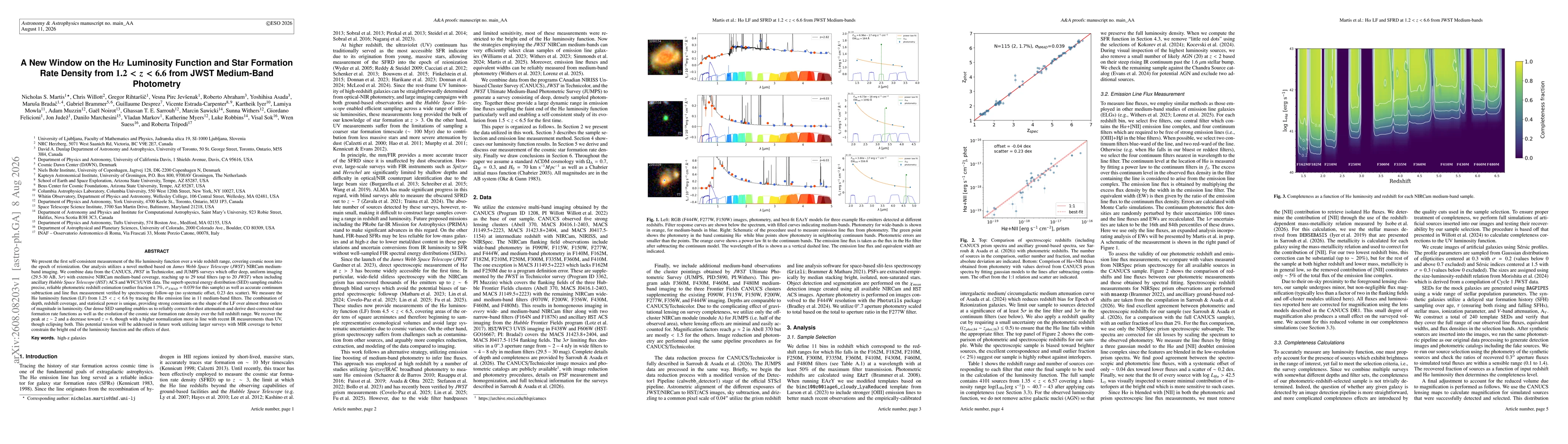 Thumbnail for A New Window on the Hα Luminosity Function and Star Formation Rate Density from 1.2 < z < 6.6 from JWST Medium-Band Photometry
