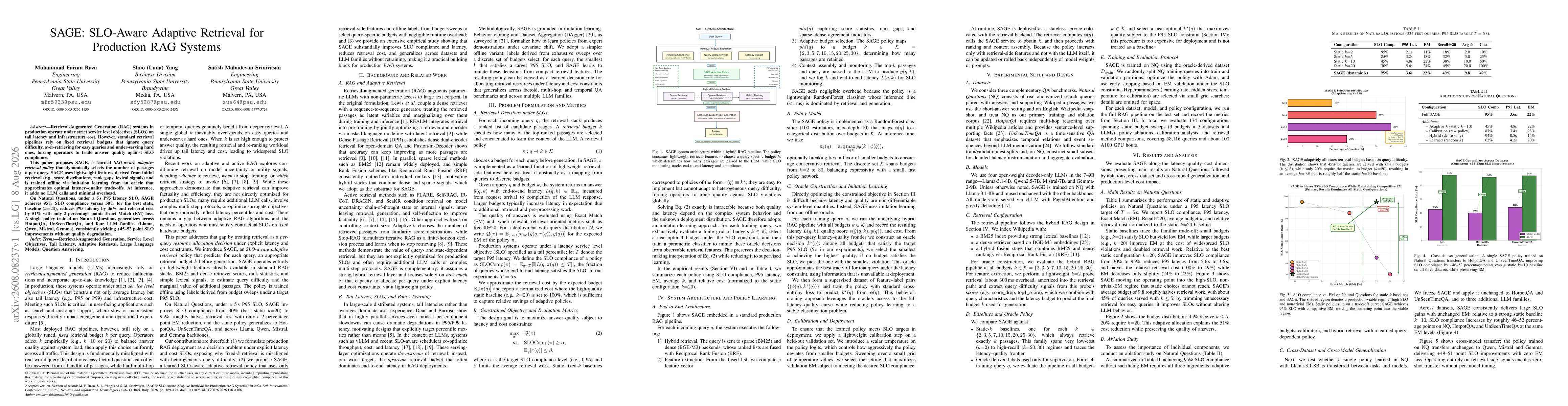 Thumbnail for SAGE: SLO-Aware Adaptive Retrieval for Production RAG Systems