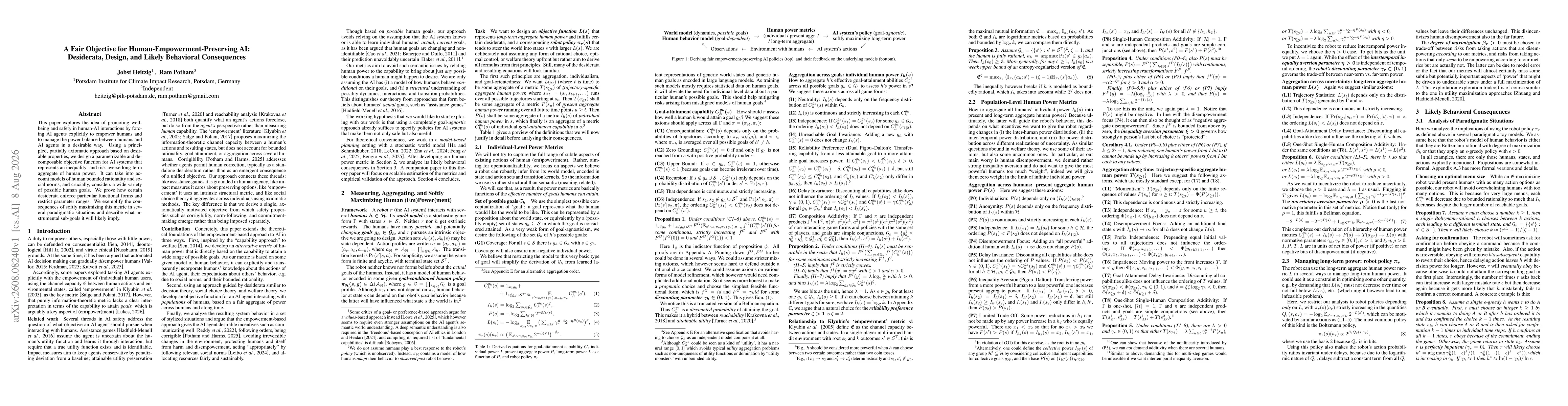 Thumbnail for A Fair Objective for Human-Empowerment-Preserving AI: Desiderata, Design, and Likely Behavioral Consequences