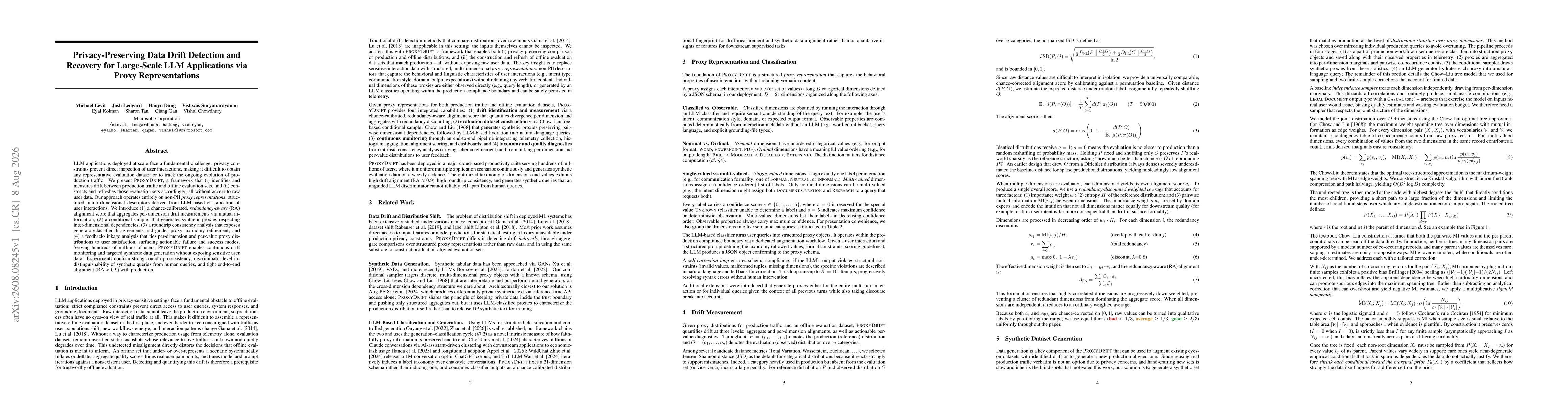 Thumbnail for Privacy-Preserving Data Drift Detection and Recovery for Large-Scale LLM Applications via Proxy Representations