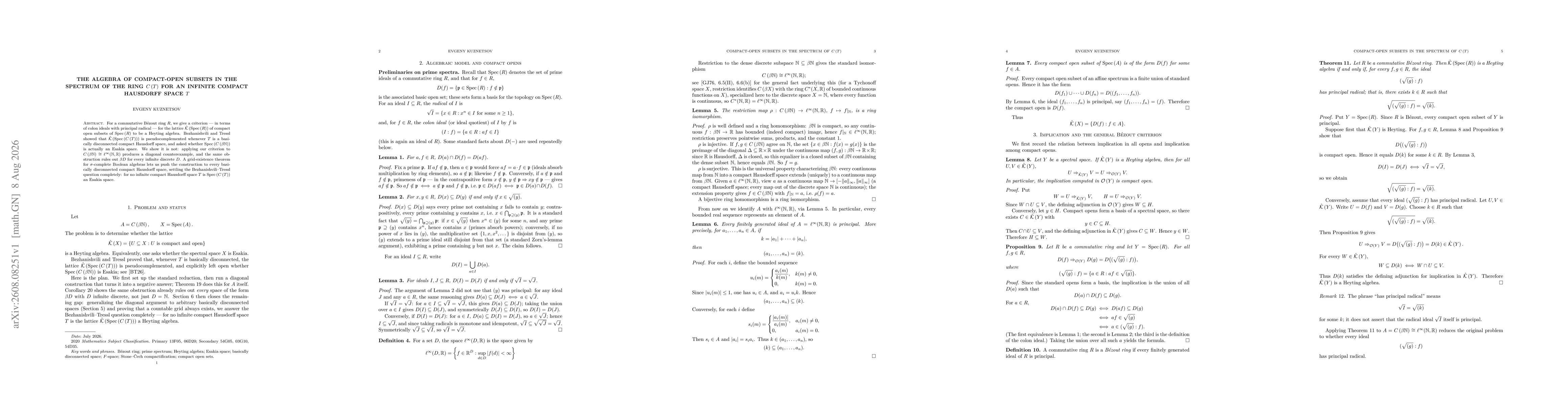 Thumbnail for The Algebra of compact-open subsets in the spectrum of the ring $C(T)$ for an infinite compact Hausdorff space $T$
