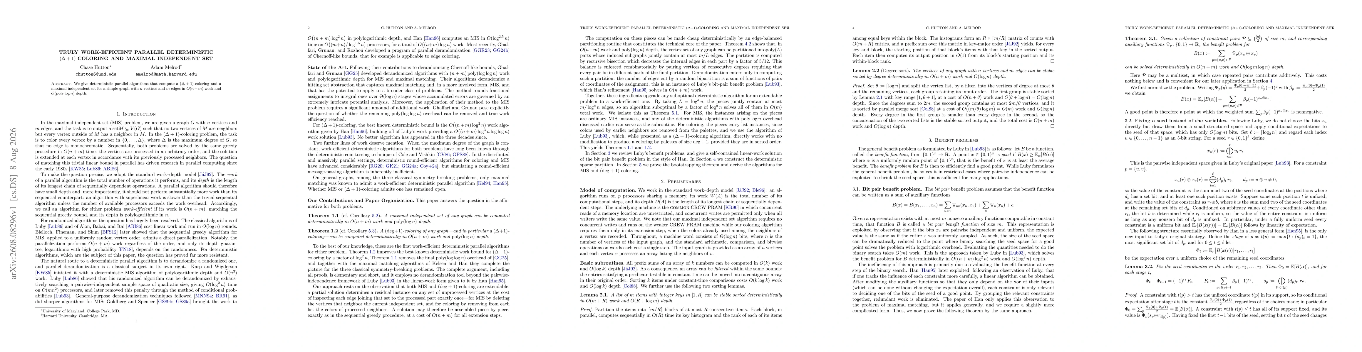 Thumbnail for Truly Work-efficient Parallel Deterministic $(Δ+1)$-coloring and Maximal Independent Set