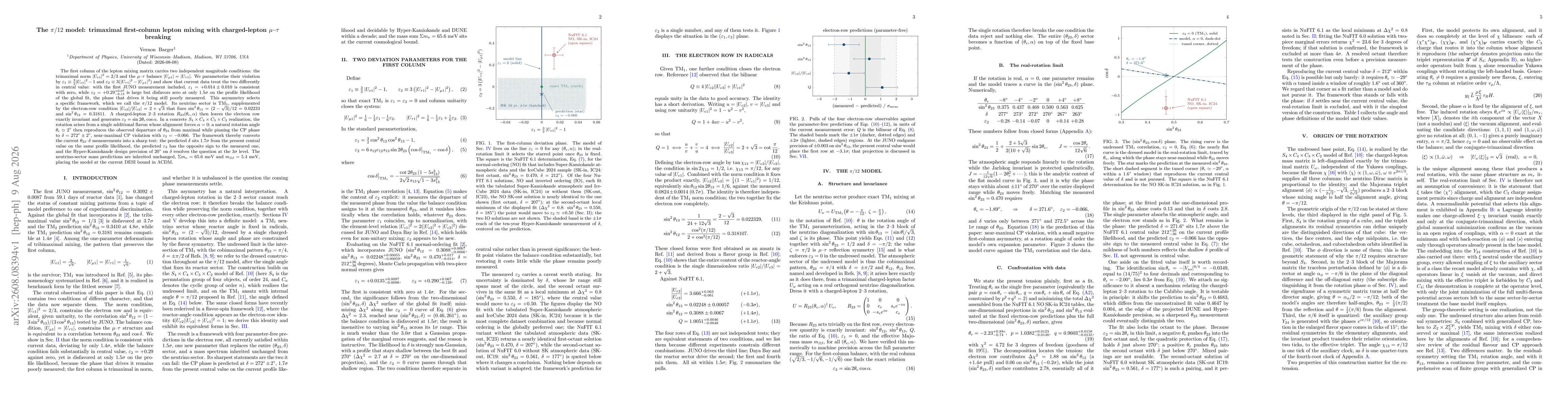 Thumbnail for The $π/12$ model: trimaximal first-column lepton mixing with charged-lepton $μ$--$τ$ breaking