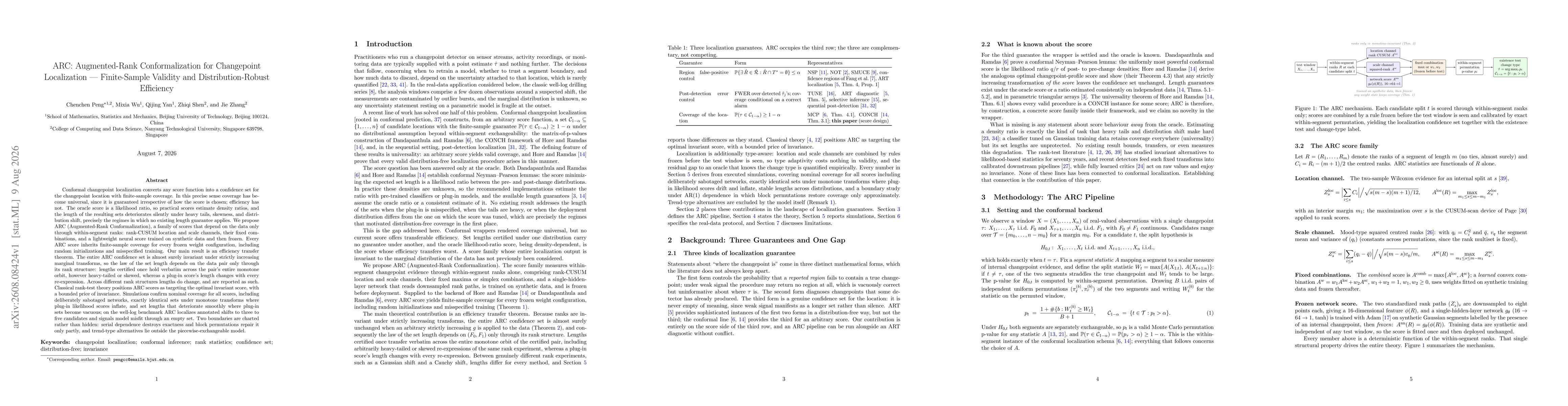Thumbnail for ARC: Augmented-Rank Conformalization for Changepoint Localization --- Finite-Sample Validity and Distribution-Robust Efficiency