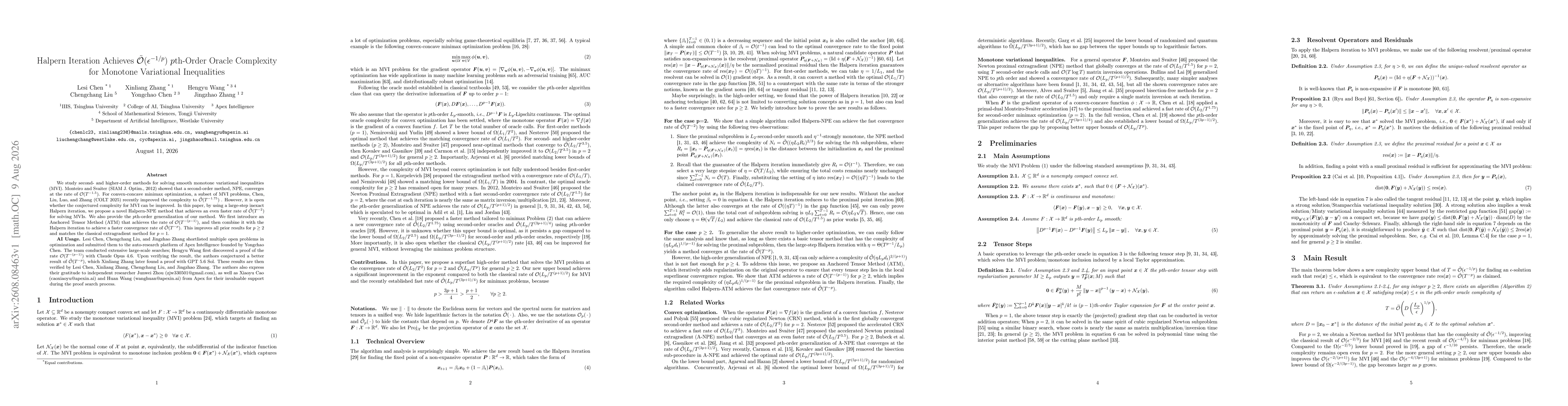 Thumbnail for Halpern Iteration Achieves $\tilde{\mathcal{O}}(ε^{-1/p})$ $p$th-Order Oracle Complexity for Monotone Variational Inequalities