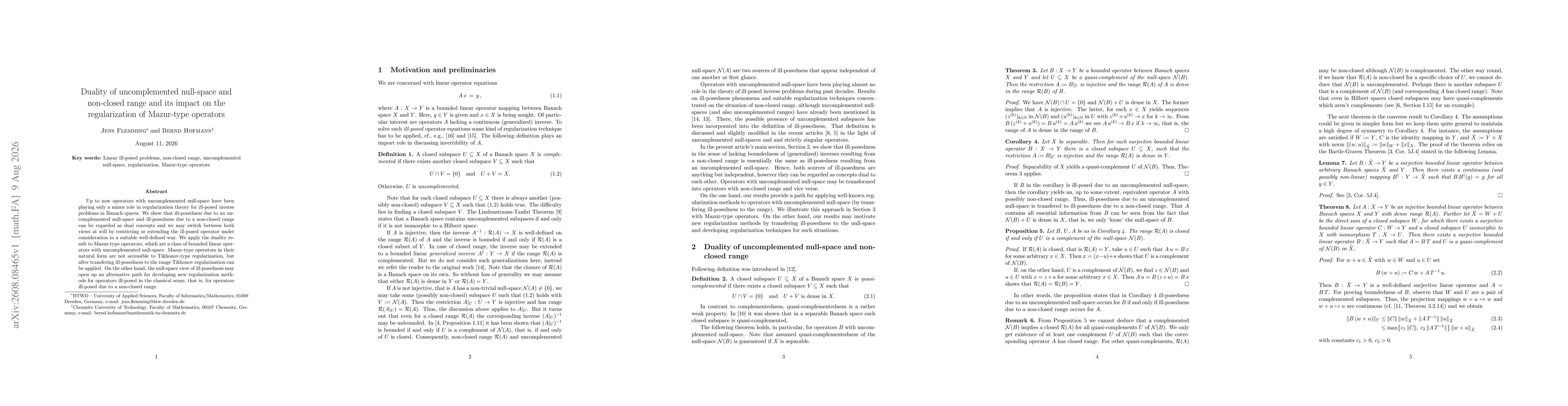 Thumbnail for Duality of uncomplemented null-space and non-closed range and its impact on the regularization of Mazur-type operators