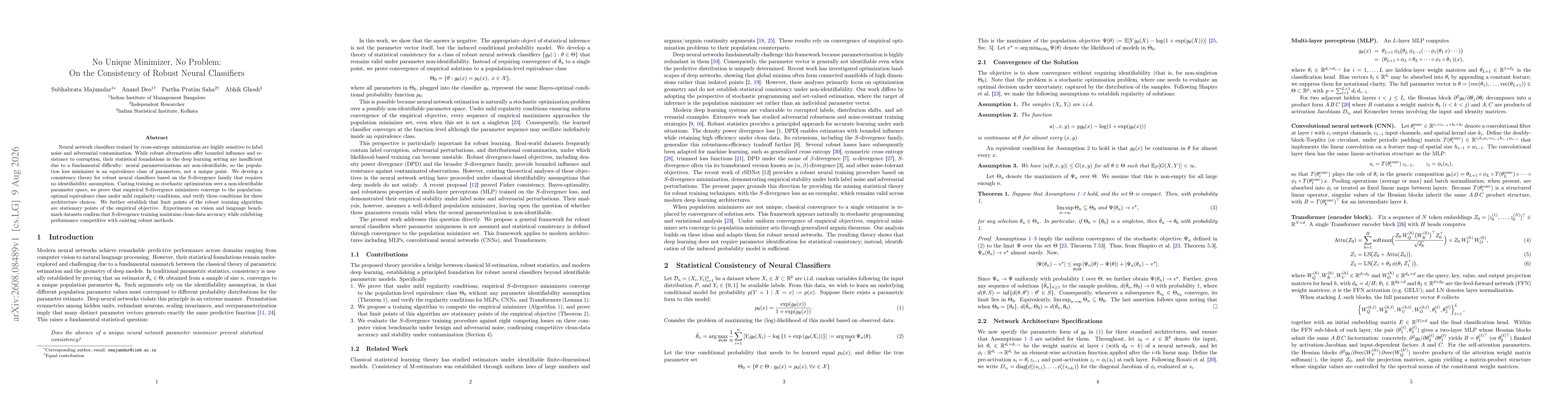 Thumbnail for No Unique Minimizer, No Problem: On the Consistency of Robust Neural Classifiers