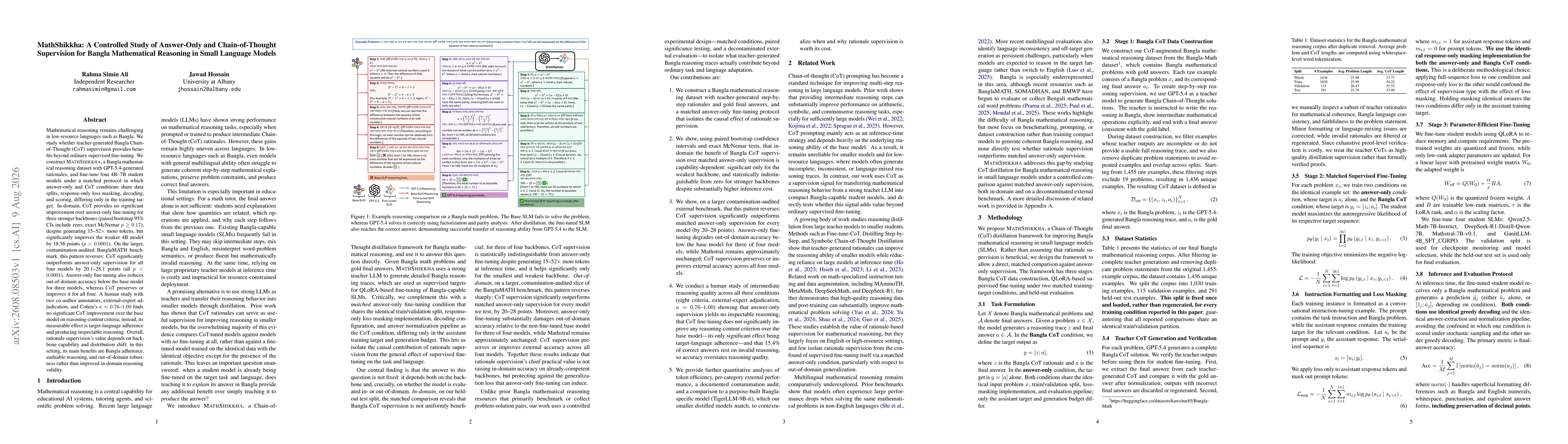 Thumbnail for MathShikkha: A Controlled Study of Answer-Only and Chain-of-Thought Supervision for Bangla Mathematical Reasoning in Small Language Models