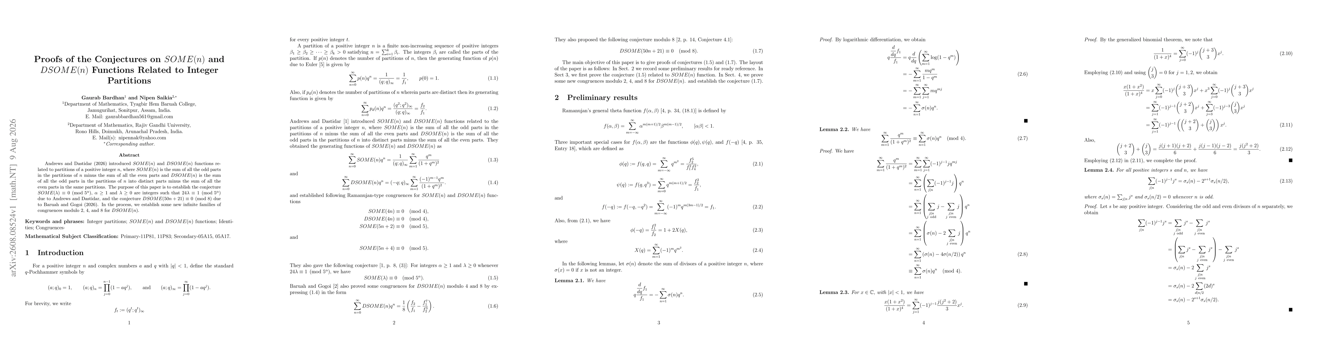 Thumbnail for Proofs of the Conjectures on $SOME(n)$ and $DSOME(n)$ Functions Related to Integer Partitions