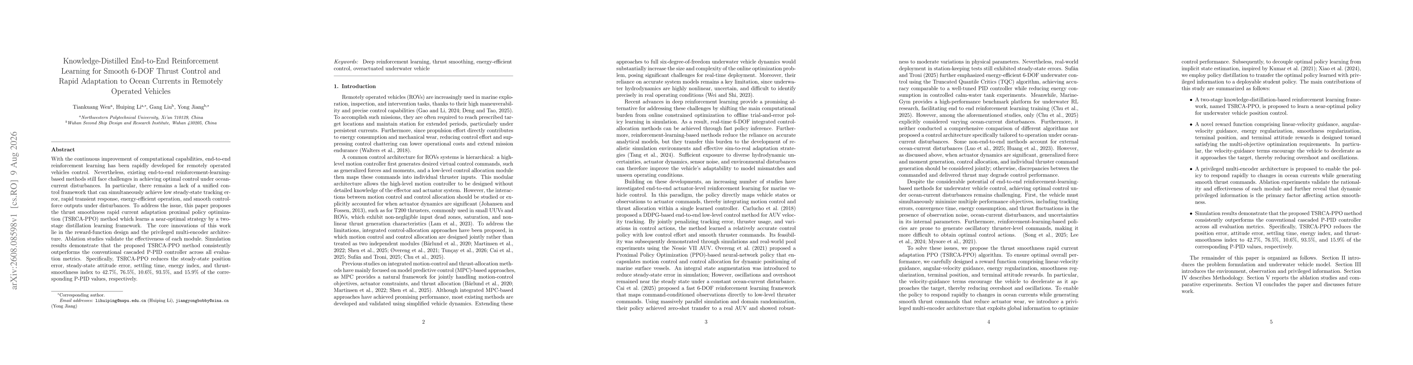 Thumbnail for Knowledge-Distilled End-to-End Reinforcement Learning for Smooth 6-DOF Thrust Control and Rapid Adaptation to Ocean Currents in Remotely Operated Vehicles