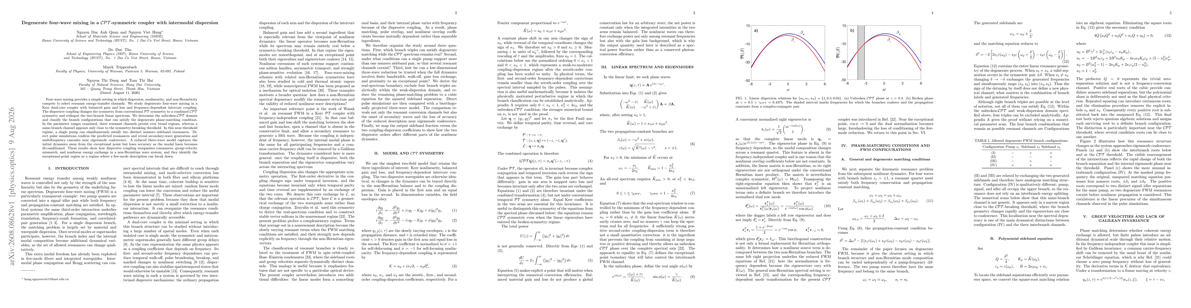 Thumbnail for Degenerate four-wave mixing in a CPT-symmetric coupler with intermodal dispersion