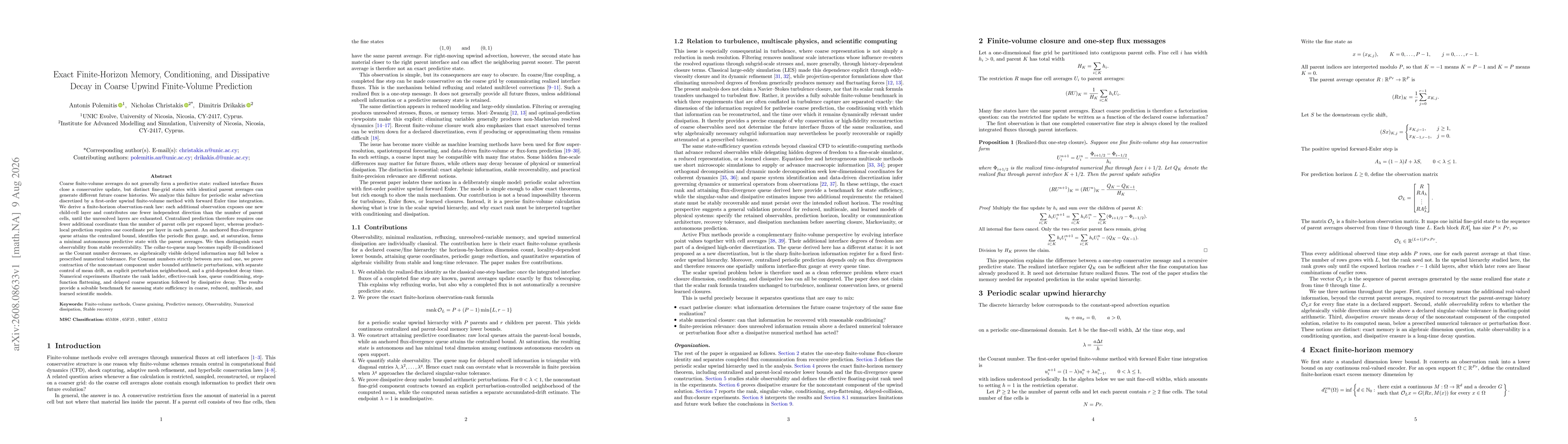 Thumbnail for Exact Finite-Horizon Memory, Conditioning, and Dissipative Decay in Coarse Upwind Finite-Volume Prediction