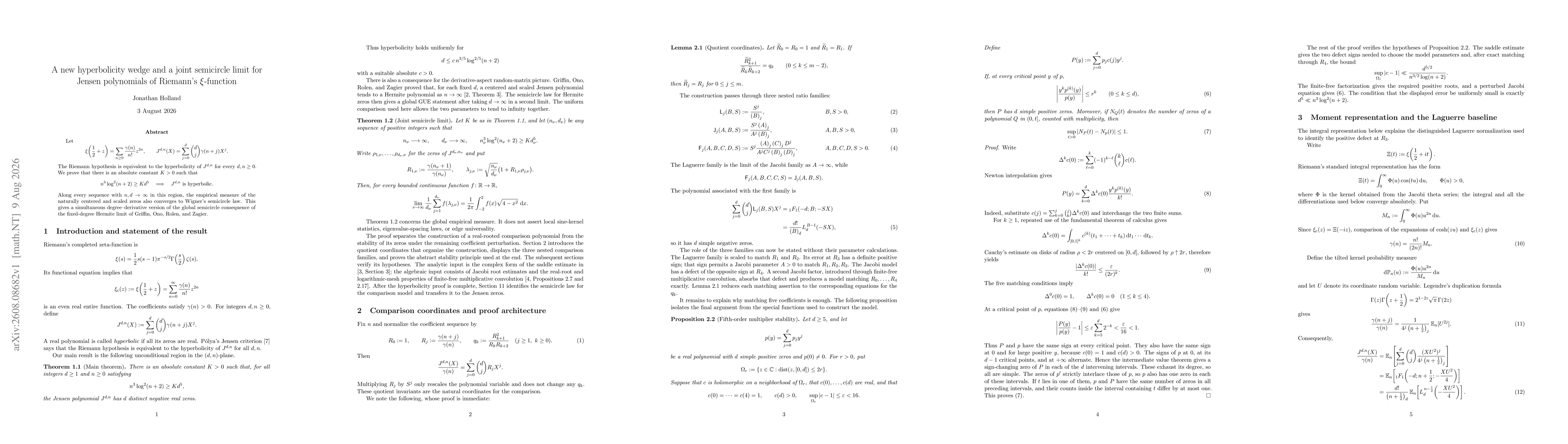 Thumbnail for A new hyperbolicity wedge and a joint semicircle limit for Jensen polynomials of Riemann's $ξ$-function