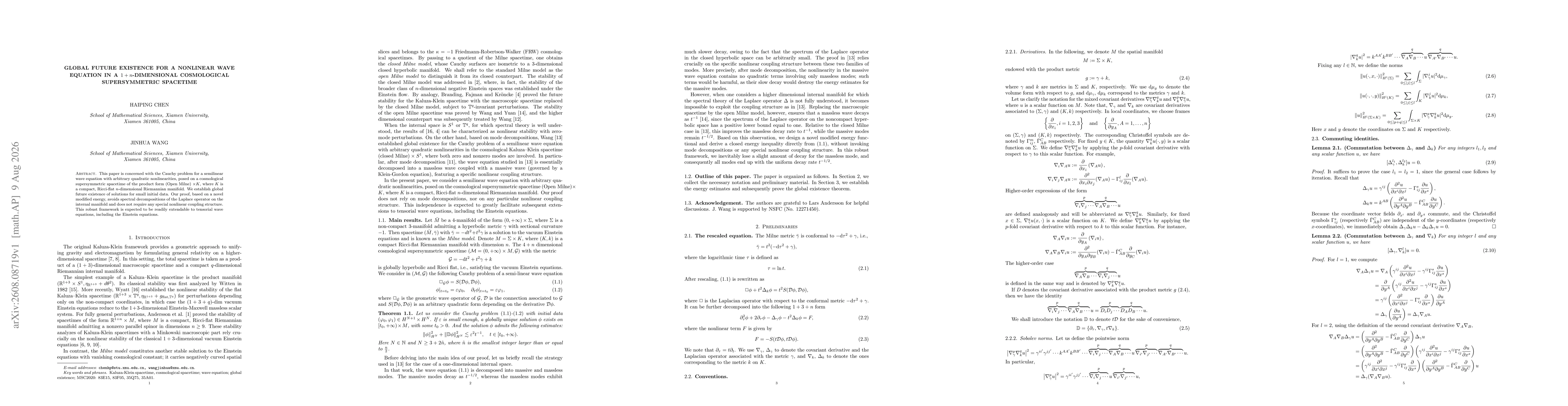 Thumbnail for Global Future Existence for a Nonlinear Wave Equation in a 1 + n-dimensional Cosmological Supersymmetric Spacetime