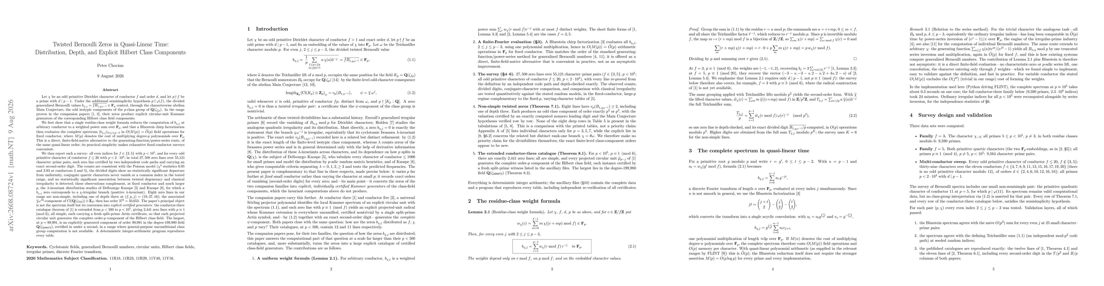 Thumbnail for Twisted Bernoulli Zeros in Quasi-Linear Time: Distribution, Depth, and Explicit Hilbert Class Components